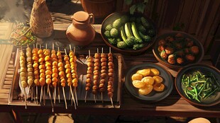 木桌美食 多样串菜与蔬果