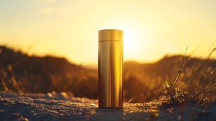 夕阳下的金色保温杯