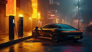 雨夜街头的电动跑车充电