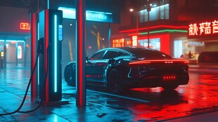 雨夜中酷炫跑车正在充电