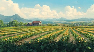 田园风光 向日葵田与远山农舍