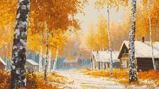 秋日雪覆木屋的静谧森林