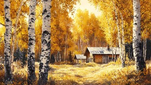 秋日白桦林中的温馨小屋