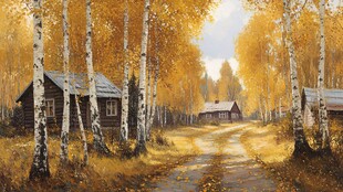 秋日白桦林里的静谧村落