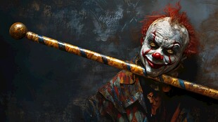 恐怖小丑扛杖凝视