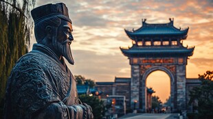 古城前的古代人物雕像