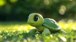 可爱绿海龟漫步于青草间