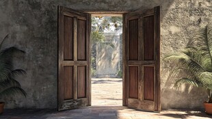 敞开木门通往庭院景致