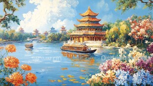 湖畔古楼赏春景