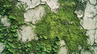 青苔覆裂纹墙面景象