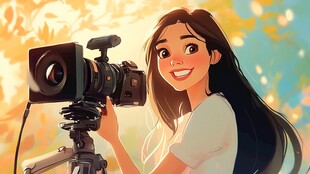 女孩手持相机展灿烂笑容