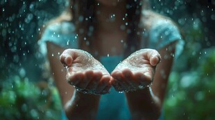 双手捧起雨滴的诗意瞬间
