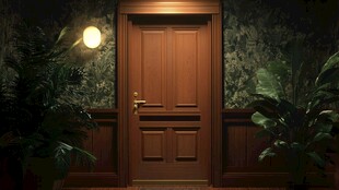 复古木门旁的绿植与壁灯