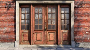 复古红砖墙上的木质双门