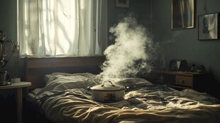 床上煮物冒蒸汽的奇幻卧室