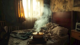 卧室中复古唱片机飘出轻烟