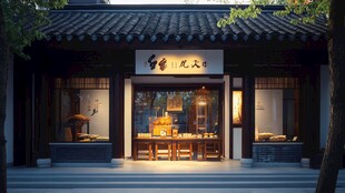 中式雅致茶室夜景