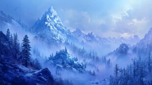 梦幻蓝调雪山森林景致