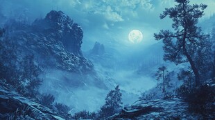 月夜山林迷雾奇幻景象