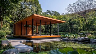 湖畔木质凉亭 自然景致