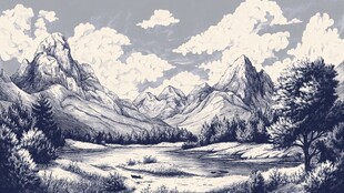 山间旷野风景素描图