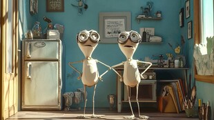 两个呆萌机器人站在房间内