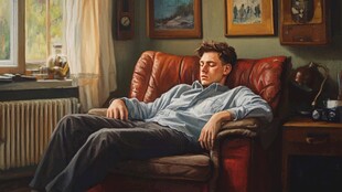 男子惬意躺于复古皮椅中