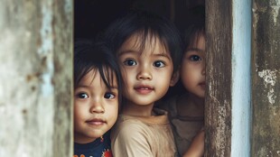 门后张望的可爱孩童