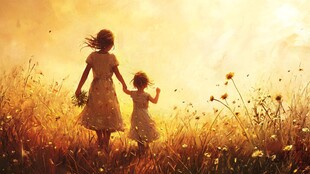 夕阳下母女漫步金色花田