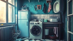 复古风蓝调洗衣房一角