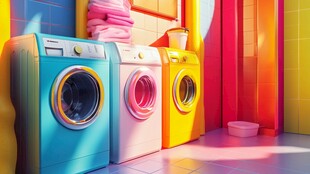 色彩缤纷的洗衣机排列场景
