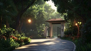 静谧林荫下的雅致园林入口