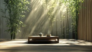阳光竹林下的静谧茶空间