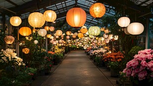 花房中的灯笼与缤纷花卉