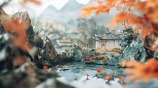 秋景中式山水间的古韵小筑