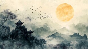 日暮山水间古亭飞鸟图