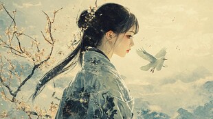 古风女子赏春与飞鸟相伴