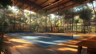 阳光中的室内网球场与自然