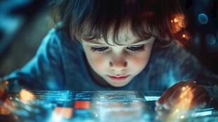 小孩专注探索发光互动界面