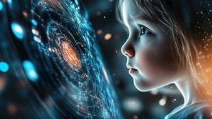 小女孩凝视奇幻科技画面