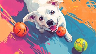 彩色背景下玩耍的可爱小狗