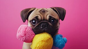 可爱巴哥犬叼多彩绒球