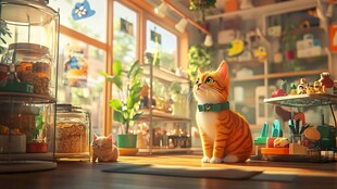 橘猫于温馨杂货店内凝望