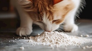 小猫嗅闻面粉的可爱瞬间