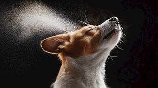 仰头狗狗沐浴水雾瞬间