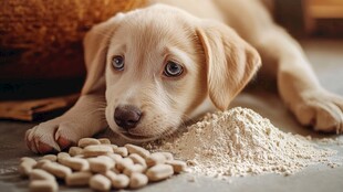 萌犬旁的花生与面粉场景