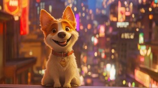 可爱柯基坐于繁华都市夜景