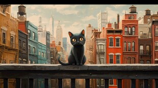 黑猫坐于城市阳台之上