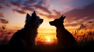 夕阳下的双犬剪影