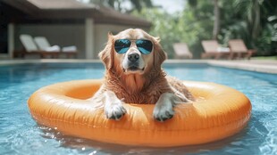 泳池中戴墨镜的悠闲金毛